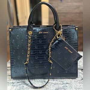 Betsey Johnson Black Skull Croc Embossed Tote with Chain Strap and Zipper Pouch